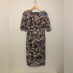 ERDEM Kirsten Multicolor Floral Print Sheath Midi Dress 1/4 Sleeve Women’s 8